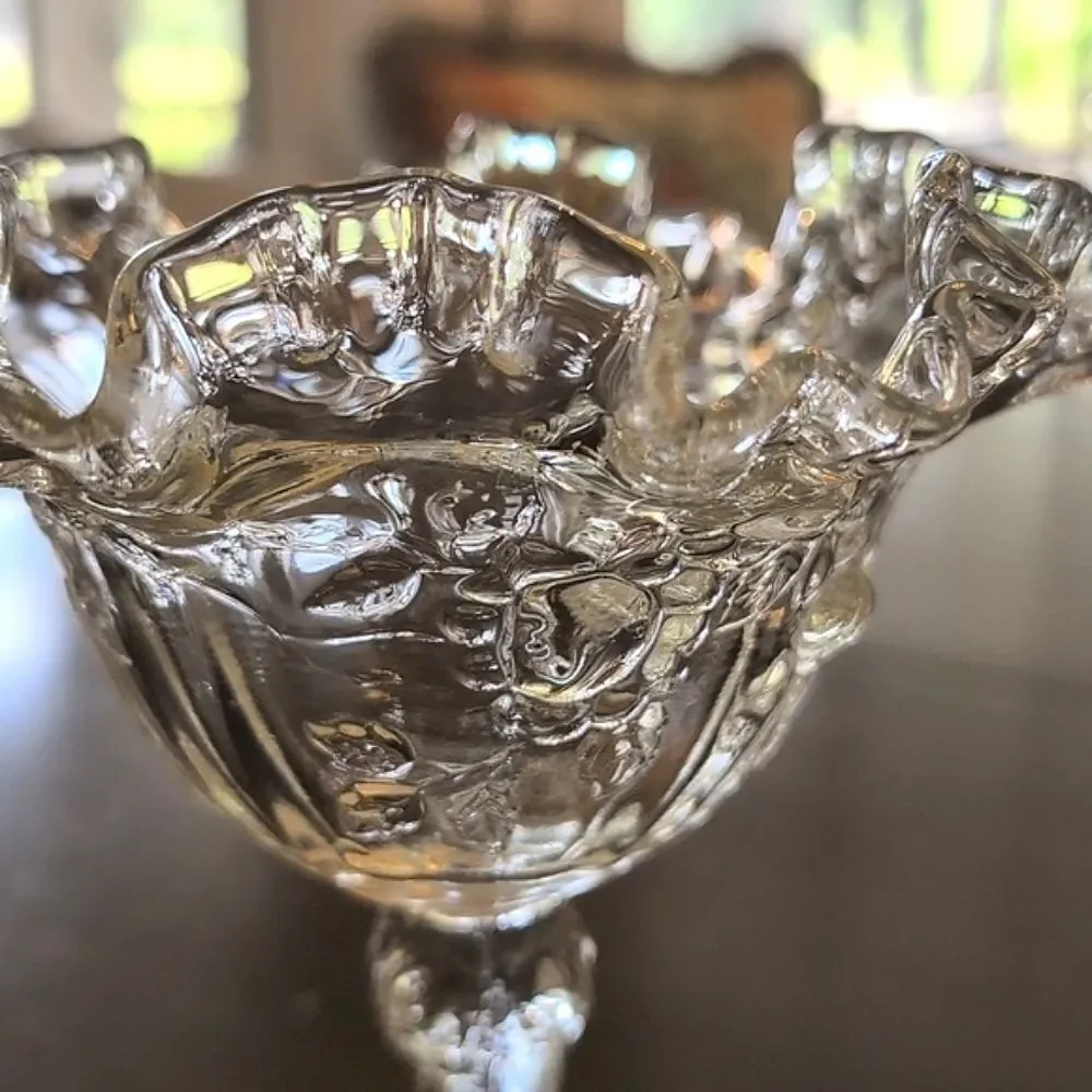 Vintage Fenton Glass Floral Crimped Ruffle Edge Compote Pedestal Candy Dish